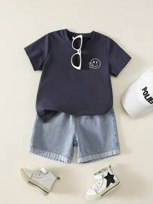 兒童小男孩/小女孩，小男孩 2 件組春夏休閒度假風短袖 POLO 衫與短褲套裝，小男孩夏季服飾，套裝，Squishy - 藏蓝色 - 查看 4