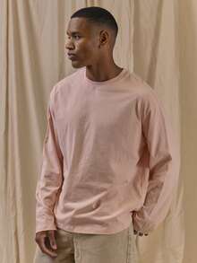 Musero Men Oversized Crewneck Long Sleeve Basic Plain T-Shirt Capsule Wardrobe Layering Spring&Summer - Baby Pink - View 3