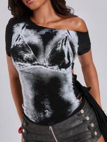 ACID BLVD Spring Summer Autumn Street Style Retro Y2K Asymmetric Neck Body Negative Print Backless Cut-Out Waist Tie Top - Black - View 8