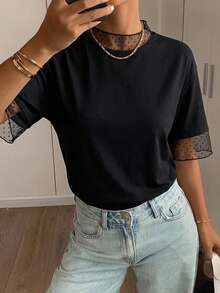 FRIFUL Women's Summer Spring Solid Color Sheer Mesh Loose Casual Versatile T-Shirt - Black - View 8