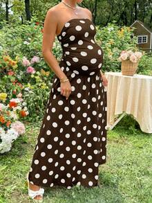 Lyckli Maternity Polka Dot Ruched Elegant Romantic Waist-Cinched Strapless Party Going Out Wedding Guest Dress Summer Brown - Mocha Brown - View 4