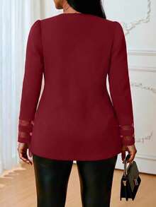 SHEIN Lady Plus Size Fashion Mesh Cuff Patchwork Business Office Jacket - Burgundy - View 2