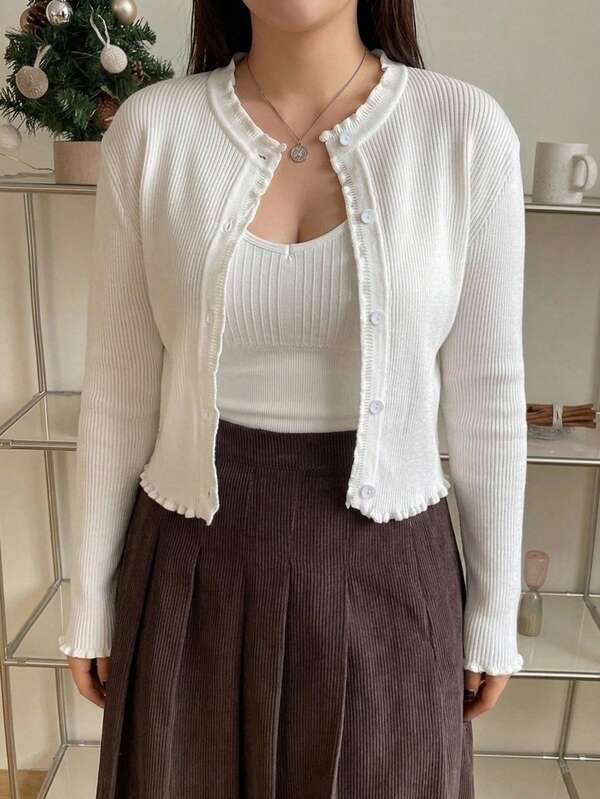 Dazy Plus Cárdigan de punto de color liso, casual, ajustado y versátil, nuevo para primavera/otoño, blanco, manga larga, chaqueta de punto de frente abierto