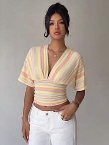 Aloruh 女款深V領條紋拼接休閒百搭日常穿搭T恤 - 彩色 - 查看 6