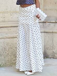 Mima John Falda de gasa blanca elegante y romántica con lunares estilo retro de sirena, falda larga con lunares, falda de gasa ligera y fluida, vestido largo para vacaciones, adecuado para salidas casuales, uso diario, citas, vacaciones, playas, fiestas, conciertos, festivales de música country. Pantalones palazzo de verano para mujer, conjunto de pantalones con lunares, pantalones con lunares para mujer, pantalones de pierna ancha, cintura alta - Blanco - Ver 3