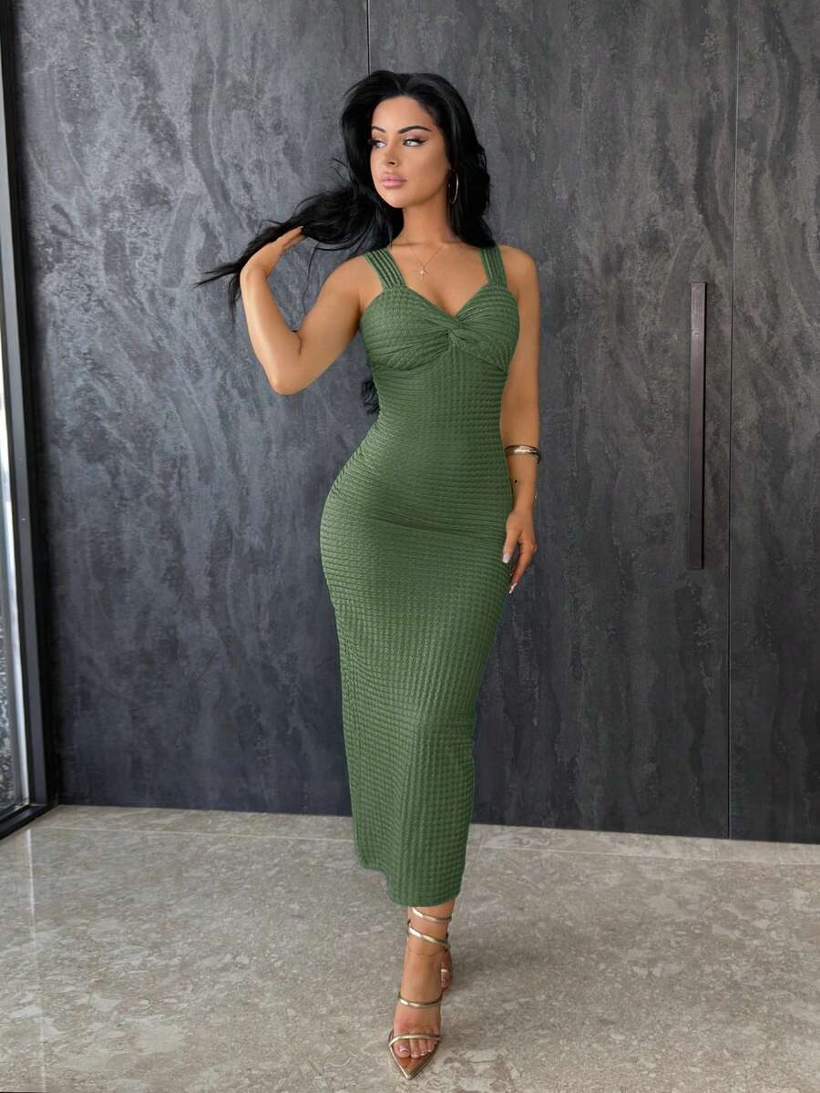 Vassilux 女士休闲纯色扭结中长连衣裙 - 軍綠色 - 查看 1