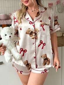 Slumberry CURVE Set Piyama Satin Ukuran Besar yang Nyaman, Nyaman, dan Bermotif Beruang dan Pita yang Manis dan Lucu dengan Kancing di Kerah, Ukuran Plus - MultiWarna - View 5