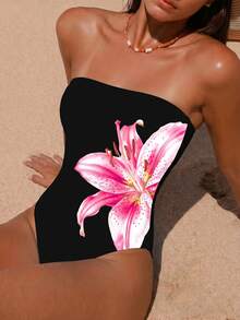 Traje de baño de una pieza elegante y sexy para mujer, de unicolor, tipo bandeau, para el verano - Negro - Ver 1