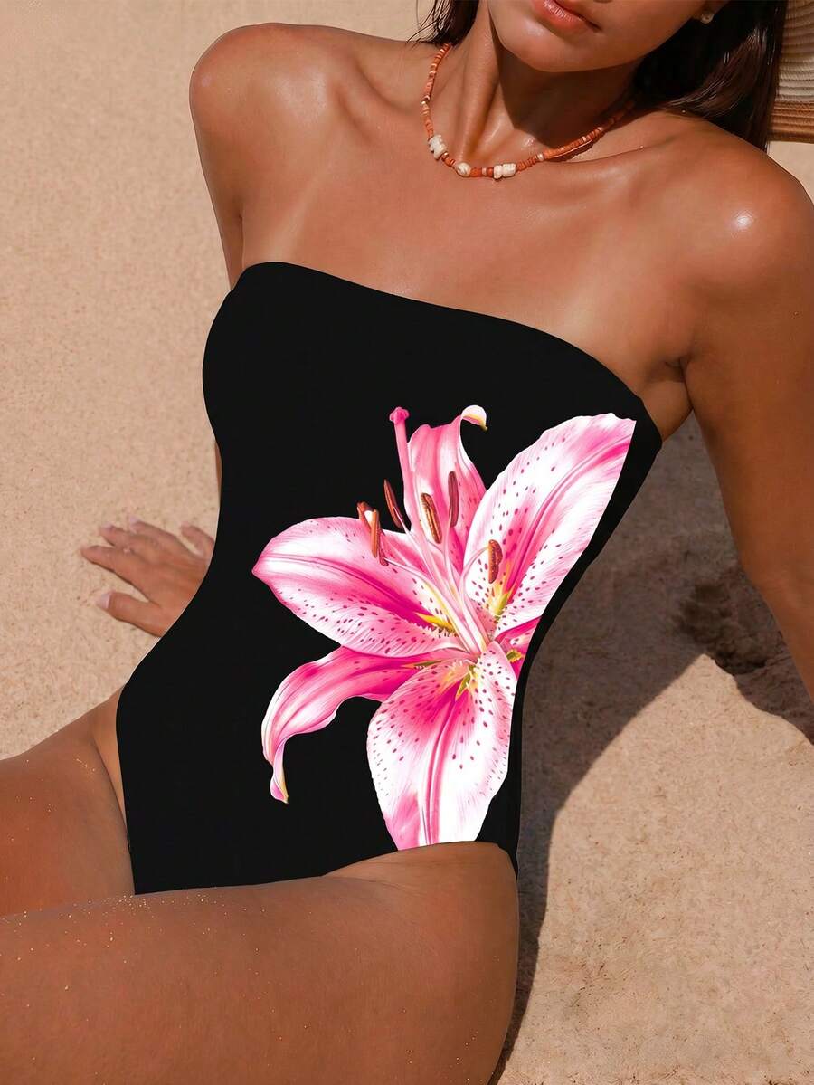 Traje de baño de una pieza elegante y sexy para mujer, de unicolor, tipo bandeau, para el verano - Negro - Ver 1