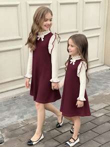 SHEIN Serisse Kids Tween Girl 3D Bow Decor Ruffle Flare Cuff Sweater Autumn Dress - Burgundy - View 1