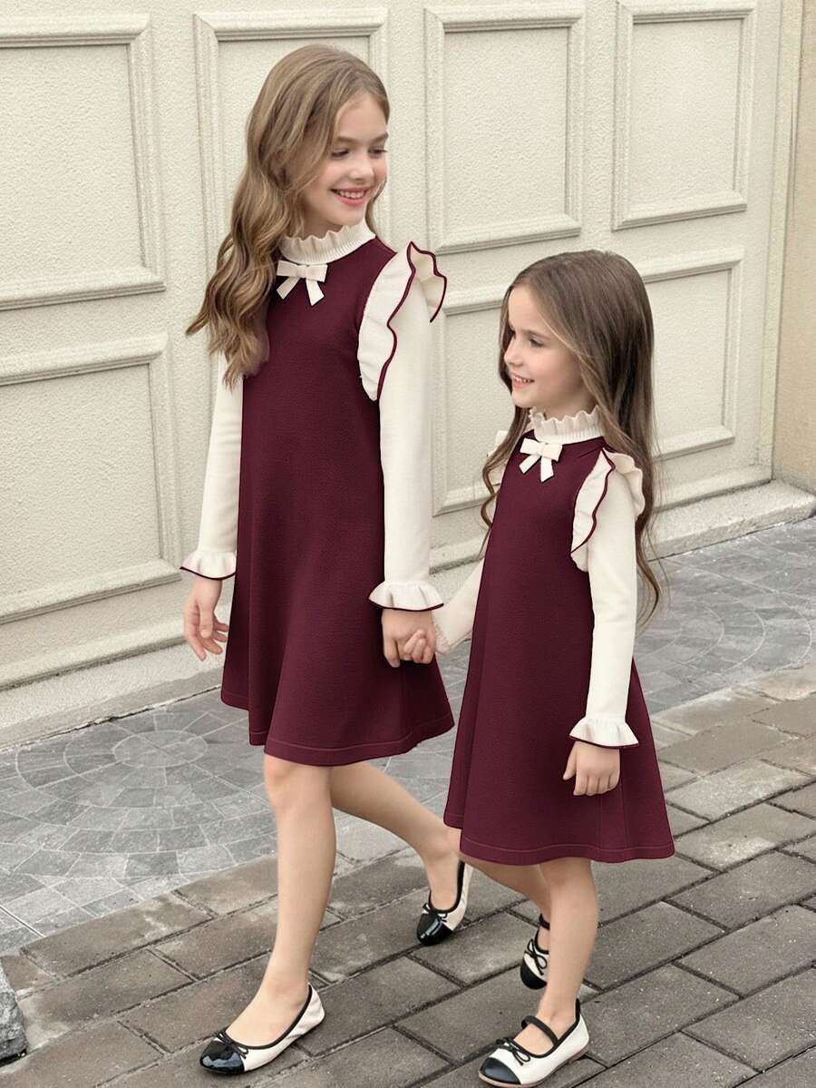 SHEIN Serisse Kids Tween Girl 3D Bow Decor Ruffle Flare Cuff Sweater Autumn Dress - Burgundy - View 1