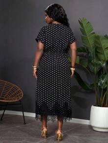 Reflora Đầm xẻ gấu phối ren họa tiết chấm bi thanh lịch mùa hè size lớn - màu đen - Xem 4