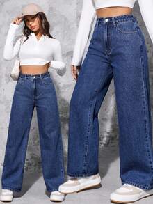 SHEIN PETITE High Waist Wide Leg Jeans ,Petite Women - Dark Wash - View 7
