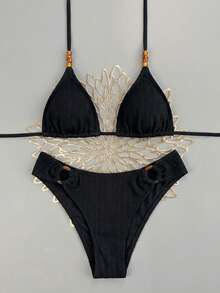 Swim Vcay 2026 Spring/Summer Textured White Halter Tie Side High-Cut Thong Bikini Swimwear 2 Pieces Set For Women Vacation - Black - View 2