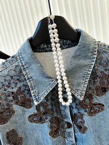 Resyla Kemeja Denim Bordir Kupu-kupu Imitasi Elegan untuk Wanita Musim Semi/Gugur, Serbaguna, Melangsingkan, dan Berkerah Longgar - Biru - View 4