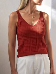 Sprig & Strand Sleeveless Solid Color Knit Top, Summer Holiday Vacation Red Checkered Boho - Burgundy - View 4