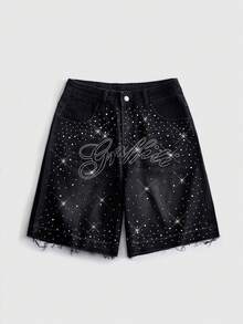 ROMWE MEN Street Life Men's Rhinestone Lettering Denim Shorts - Black - View 1