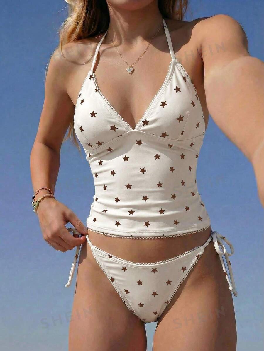 Swim Mod Conjunto de Bikini de Tirantes con Estampado de Cuadros y Cerezas Dulces de Verano - Amarillo claro - Ver 1
