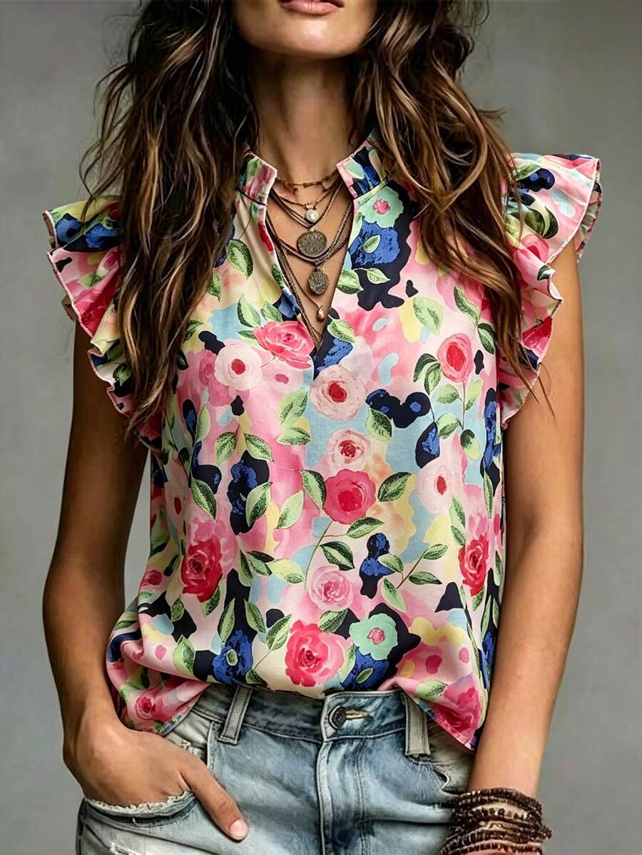 SHEIN Franclia 女款粉色花卉夏季波西米亞休閒花卉印花V領荷葉袖上衣,可愛荷葉邊花卉襯衫,適合度假、早午餐與旅行 - 彩色 - 查看 1
