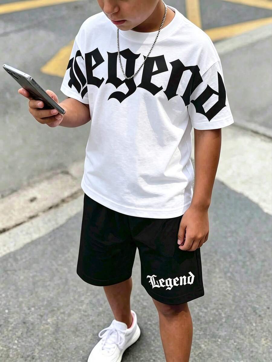 青少年男孩休閒舒適時尚極簡圓領短袖T恤與短褲套裝 - 彩色 - 查看 1