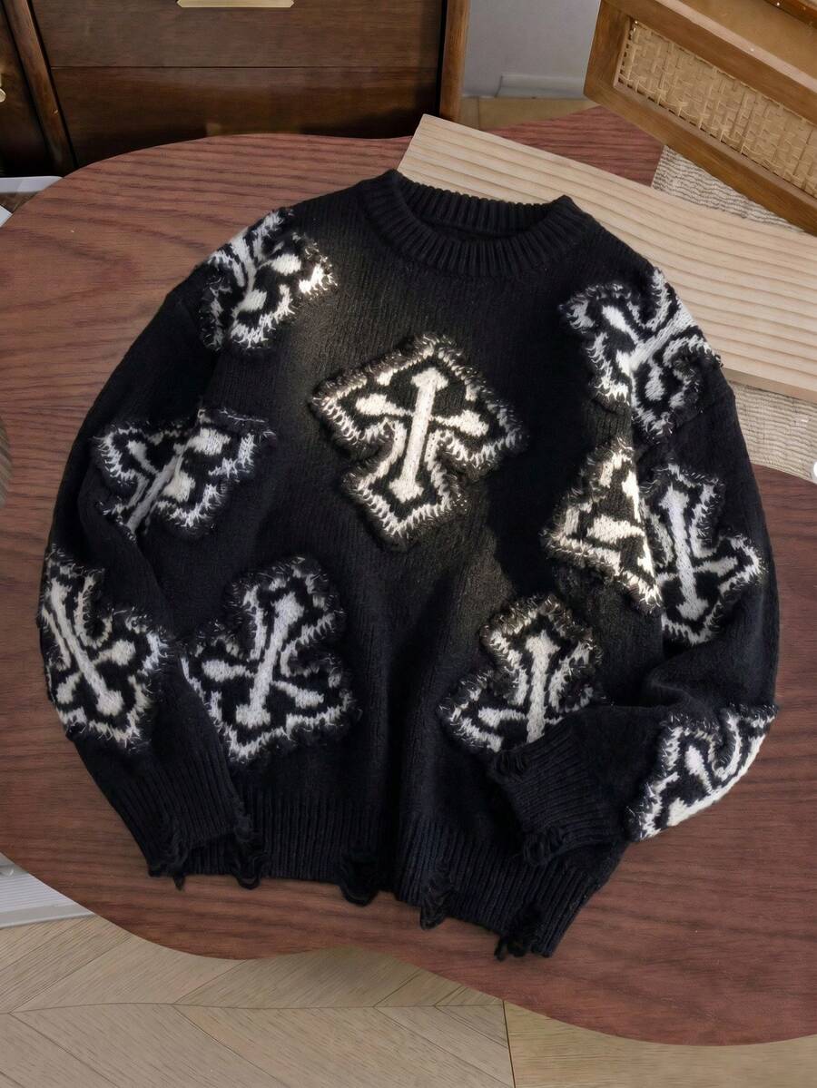 SHEIN Kids Tween Boy Graffiti Cross Pattern Textured Crew Neck Sweater, Suitable For Winter, Travel And School - Black and White - View 1