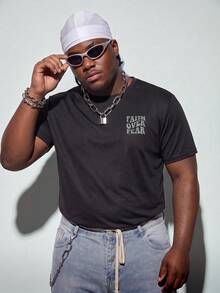 Modcrash Plus Size Men Slogan "Conquer Fear" Print Street Style Round Neck Short Sleeve T-Shirt - Black - View 6