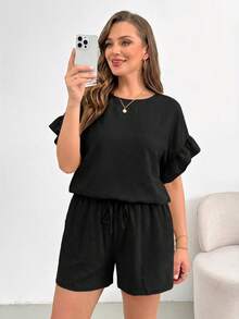 SHEIN Essnce 大尺碼女款純色圓領上衣與短褲休閒日常兩件套 - 黑色 - 查看 4