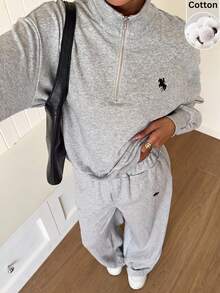 SHEIN EZwear 淺灰色刺繡細節運動衫與運動長褲套裝 - 淺灰色 - 查看 8