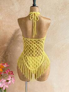 Soleia Women's Solid Color Halter Tie Sexy Tropical Boho Bikini With Triangle Panties And Sequin Fringe Design Dress Knit Set Beach Party Vacation Yellow - Yellow - View 2