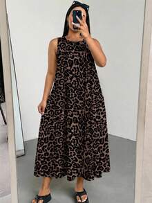 Shapeblank Plus Size Women's Leopard Print Round Neck Pocket Casual Sleeveless Dress - Multicolor - View 3