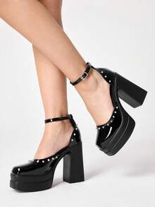 ROMWE Grunge Punk Ladies Street Nightclub Solid Color Glossy Mary Jane Platform High Heel Shoes Punk Goth Vintage Metal Rivets - Black - View 3