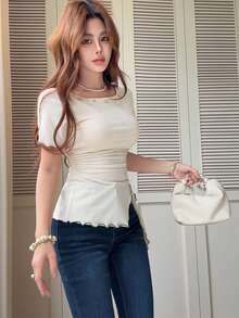 Feyla New Design Contrast Color Frill Trim Knit Short Sleeve Square Neck Decorative Button Niche Versatile Sexy T-Shirt - Light Yellow - View 5