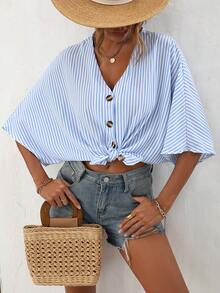 SHEIN LUNE Striped Batwing Sleeve Button Front Blouse - Blue and White - View 5