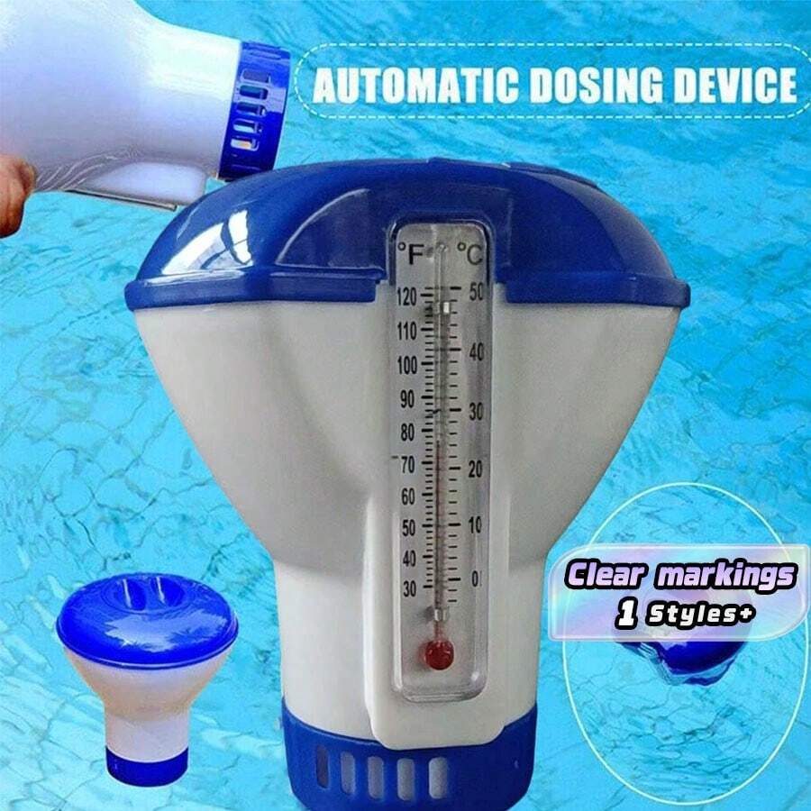 2-In-1 Swimming Pool Thermometer And Luxury Chemical Dispenser, Floating Swimming Pool Chlorine Dispenser Supporting 1.5 Inch Tablets, Adjustable Control Ring, Floating Pool Thermometer, Water Temperature Measurement Tool For Swimming Pools - A - View 1