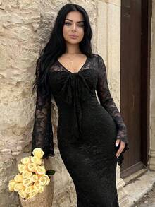 Vassilux V-Neck Flare Sleeve Front Tie Waist Flounce Flocked Apricot Bodycon Dress Black - Black - View 4