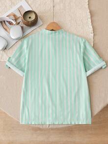 Kemeja Lengan Pendek Anak Laki-Laki Remaja Bergaya Minimalis dengan Label Tempel, Kain Nyaman, Pas Badan, Gaya Baru Musim Semi/Panas, Cocok untuk Berbagai Musim dan Acara - Mint Green - View 2