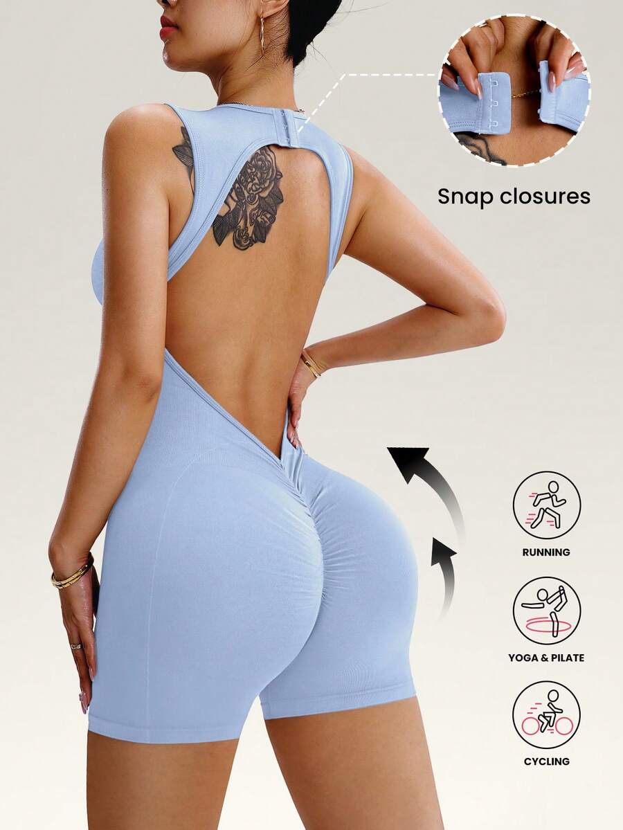 Slayform Solid Color Backless Seamless Sports Romper Shorts - Breezy Blue - View 1