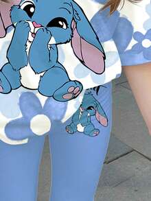 SHEIN Kawaii Young Girls 2-Piece Set Blue Rabbit Stitch Pattern,Graphic Tops & Tight Shorts,Korean Style Summer School Outfits,Casual Ballerina Floral Set - Multicolor - View 3
