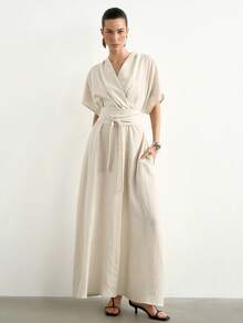 Aalyst Women's Spring/Summer French Style Elegant Luxury Minimalist High-End Design Casual Bohemian Vacation Commute Comfortable Solid Color Linen Blend Fabric Cross Neck V-Neck Dropped Shoulder Cap Sleeve Waist Tie Belt Cinched Waist A-Line Long Dress With Pockets - Apricot - View 4