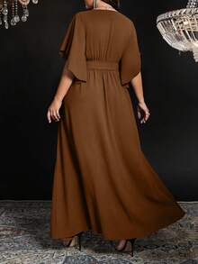 Auvina Plus Size Women's Solid Color Fitted V-Neck Flare Sleeve Tie Waist Ruched Slit Elegant Party Maxi Dress - Brown - View 2