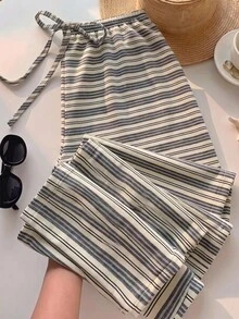 SHEIN EZwear 秋季新款針織條紋女款休閒腰綁帶直筒褲，適合夏季、日常通勤、派對、秋冬春夏、聖誕節、新年、感恩節、派對、婚禮、海灘、畢業典禮、優雅、外出、約會、通勤、情人節、優雅、度假、Y2K、畢業典禮等場合 - 彩色 - 查看 3