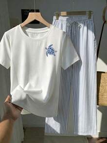 Veykashi Conjunto casual de 2 piezas para mujer talla grande con camiseta de manga corta con estampado de tortuga y pantalones largos a rayas - Multicolor - Ver 3