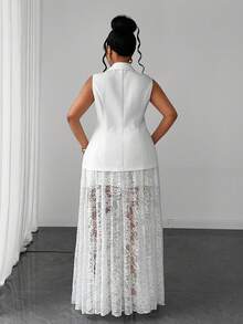 Maweii Plus Size Luxury White Sleeveless Blazer Vest Lace Skirt 2 Pieces Set Wedding Brunch Graduation Business Office Summer Casual Elegant - White - View 2