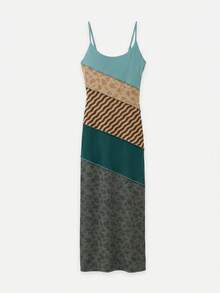 Nöista Vestido Maxi con Bloques de Color y Tirantes de Espagueti con Estampados Mixtos en Paneles de Patchwork, Suave y Elástico - Multicolor - Ver 9