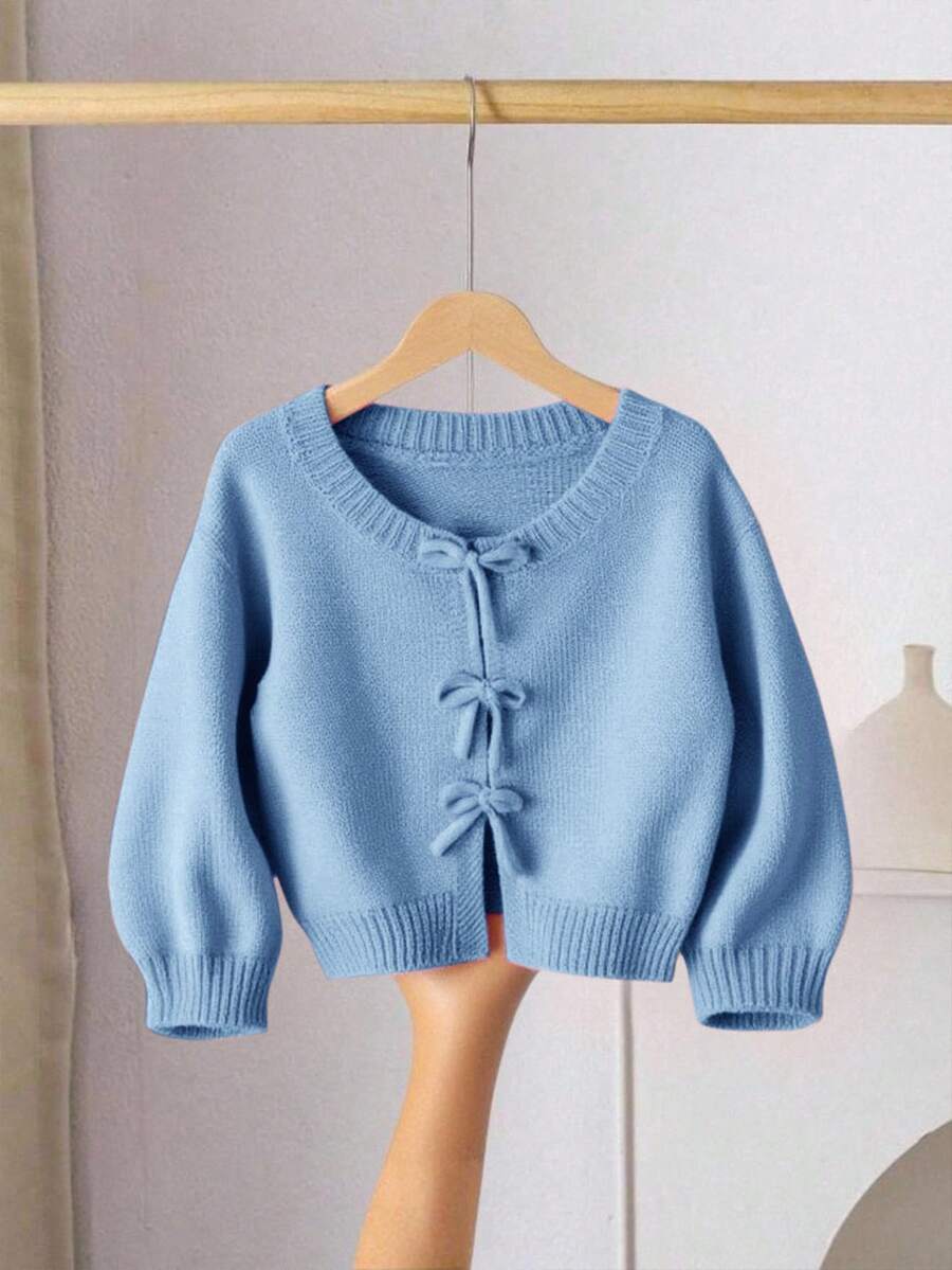 SHEIN LMoss Kids 女童藍色針織秋季毛衣,蝴蝶結裝飾,可愛休閒,柔軟舒適百搭,適合居家、派對、度假場合 - 藍色 - 查看 1