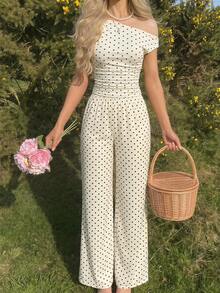 Skyraze Women's Polka Dot Pattern Asymmetrical Shoulder Ruched Top And Pants Fashion Set - Apricot - View 3