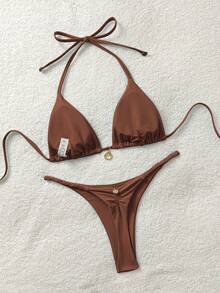 Soleia Women's Solid Color Swimwear Set For Vacation & Beach - Coffee Brown - View 2