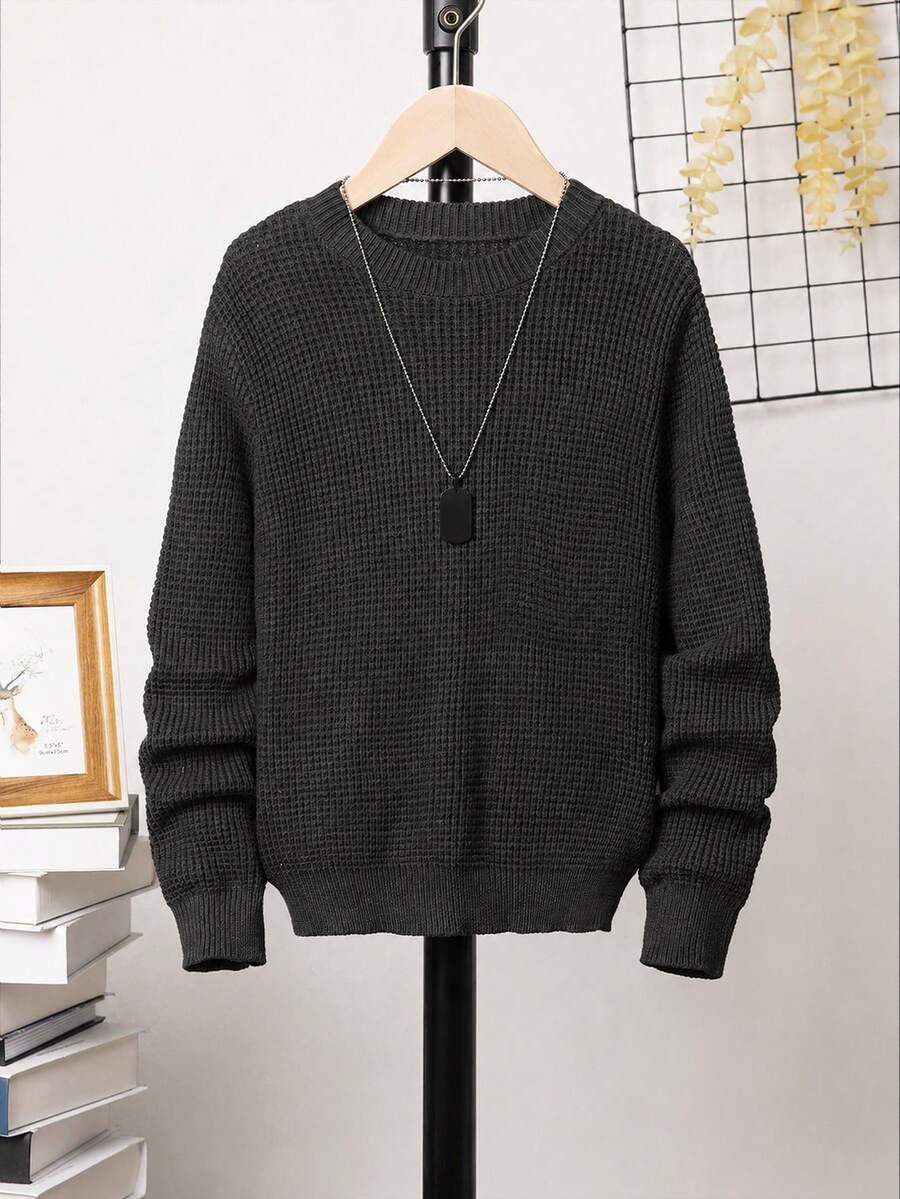 SHEIN 男童長袖圓領修身簡約鳳梨圖案套頭毛衣 - 深灰色 - 查看 1