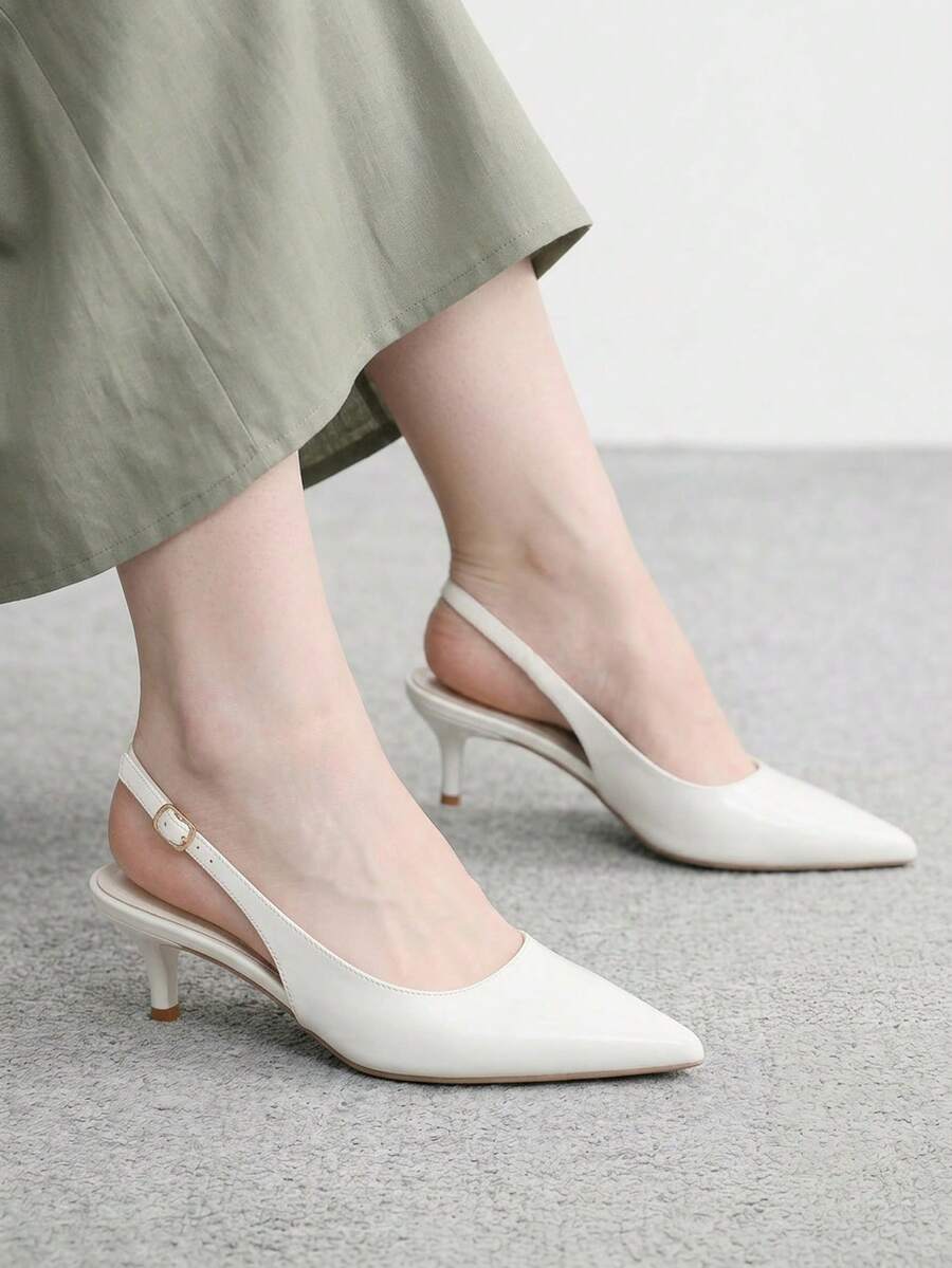 CUCCOO BIZCHIC 女款亮面尖頭中跟鏤空扣環輕奢高跟鞋 通勤宴會鞋 - 白色 - 查看 1