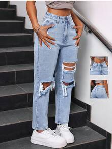 SHEIN PETITE Women's Distressed Solid Color Washed Fashionable Ripped Denim Jeans, Summer ,Petite Women - Light Wash - View 3